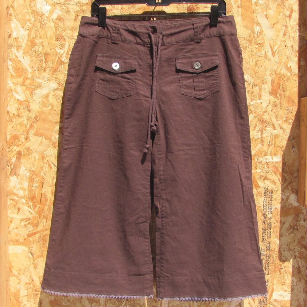 New Upcycled BCBG Abalone Linen Cotton Brown Long Shorts Sz M Boho Festival